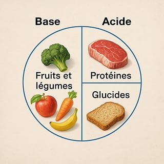 Assiette équilibrée en micronutrition pour bien manger avec fruits et légumes basifiants, protéines acidifiantes et glucides pour illustrer l'équilibre acido-basique