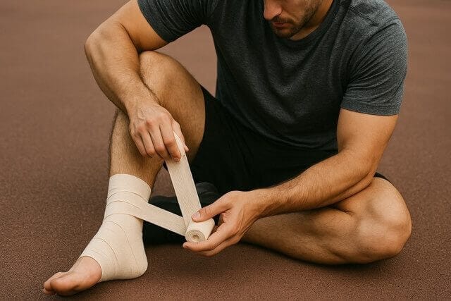 Sportif assis au sol appliquant un bandage sur une entorse à la cheville Sportif assis au sol appliquant un bandage sur une entorse à la cheville